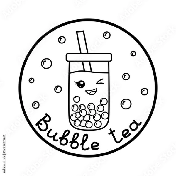 Fototapeta Kawaii winking bubble tea with boba tapioca pearls in a circle frame, outline for coloring book