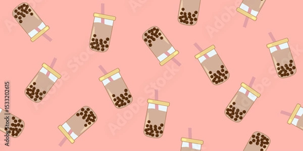 Fototapeta Seamless pattern with bubble tea or boba drink with pink straws on pink background, vector