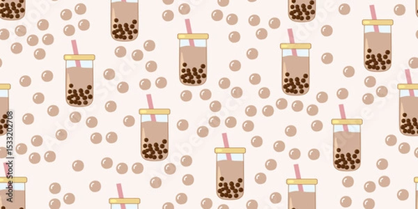 Fototapeta Seamless pattern with refreshing bubble tea and floating tapioca pearls on beige backdrop, vector