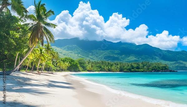 Obraz Tropical beach with palm trees. Turquoise ocean water meets white sand shore. Calm sea with mountains on background. Vacation resort travel concept, paradise island, relax
