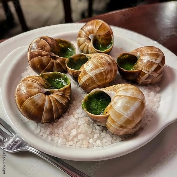 Obraz Baked escargots with garlic herb butter, served on a bed of sea salt. A classic French delicacy