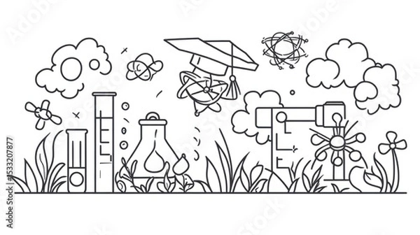 Fototapeta Educational science illustration featuring various lab equipment and scientific concepts