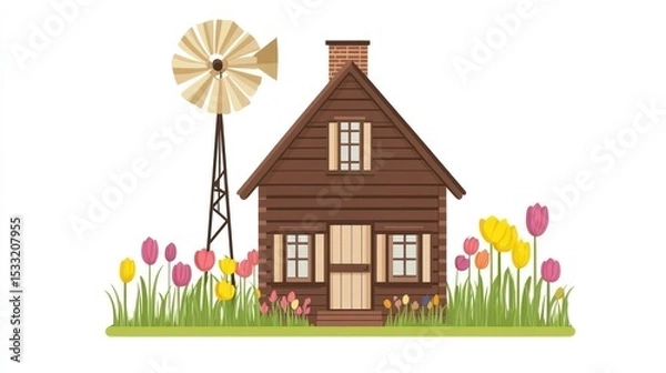 Fototapeta Rustic wooden farmhouse surrounded by flowers and a windmill