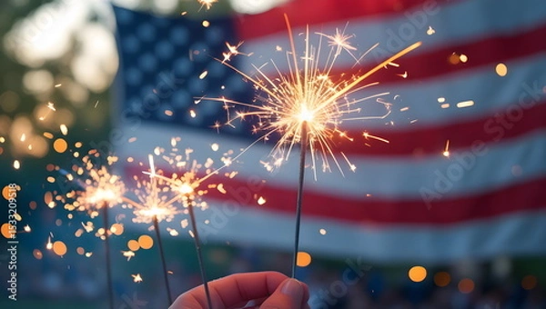 Fototapeta Holding sparkling fireworks with an American flag in the background for 4th of July