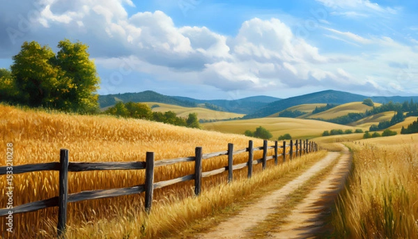 Obraz Idyllic countryside scene with golden wheat fields, rustic wooden fence, blue sky, fluffy clouds. Rural landscape, pathway leads through wheat field, green grass, trees on horizon