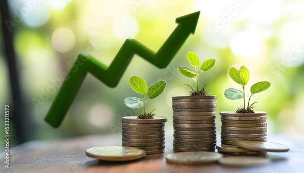 Obraz Green sprout growing from coins stacks. Symbol of financial growth, investment, business success. Ascending green arrow on blurry nature background. Represents wealth, prosperity, future hope