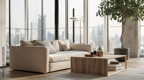 Obraz Elegant Scandinavian Style Living Room Interior with Modern Furniture and City View Through Large Window, Minimalist Home Decor Concept in Neutral Tones, Cozy Lounge Space for Interior Design Project 