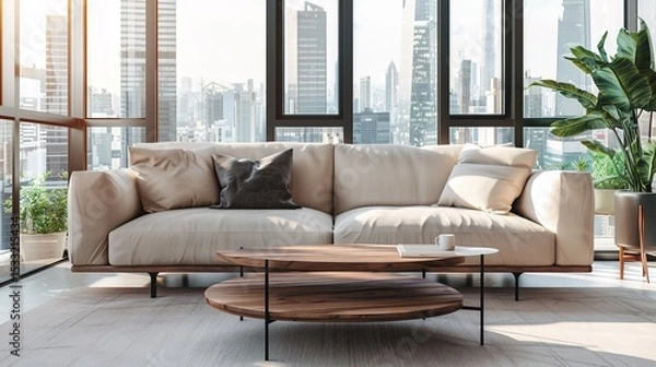 Obraz Elegant Scandinavian Style Living Room Interior with Modern Furniture and City View Through Large Window, Minimalist Home Decor Concept in Neutral Tones, Cozy Lounge Space for Interior Design Project 