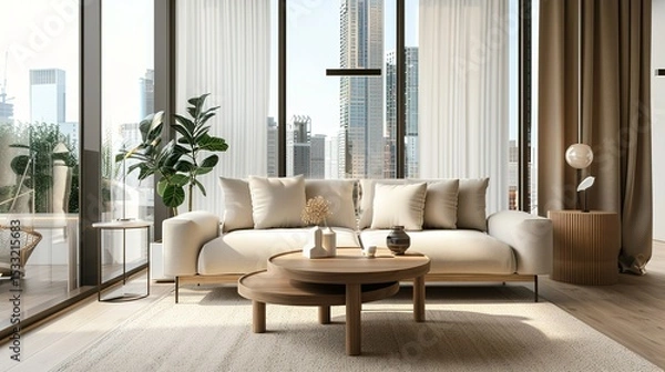 Obraz Elegant Scandinavian Style Living Room Interior with Modern Furniture and City View Through Large Window, Minimalist Home Decor Concept in Neutral Tones, Cozy Lounge Space for Interior Design Project 