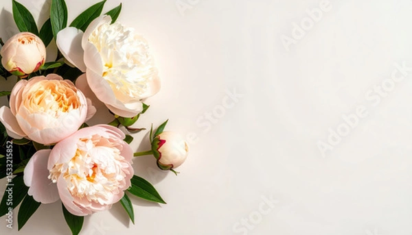 Fototapeta Blush peony and cream rose bouquet with green leaves, modern minimalist flat lay on light background, gentle shadows, elegant and romantic floral arrangement
