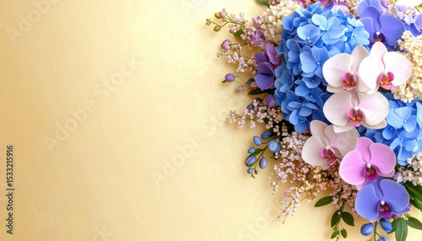 Fototapeta Cascading orchid and hydrangea bridal bouquet with soft golden background, featuring blue, pink, and purple flowers, creating romantic and elegant floral arrangement