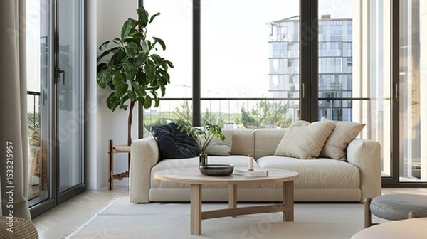 Obraz Elegant Scandinavian Style Living Room Interior with Modern Furniture and City View Through Large Window, Minimalist Home Decor Concept in Neutral Tones, Cozy Lounge Space for Interior Design Project 