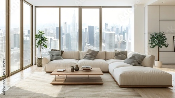Obraz Elegant Scandinavian Style Living Room Interior with Modern Furniture and City View Through Large Window, Minimalist Home Decor Concept in Neutral Tones, Cozy Lounge Space for Interior Design Project 