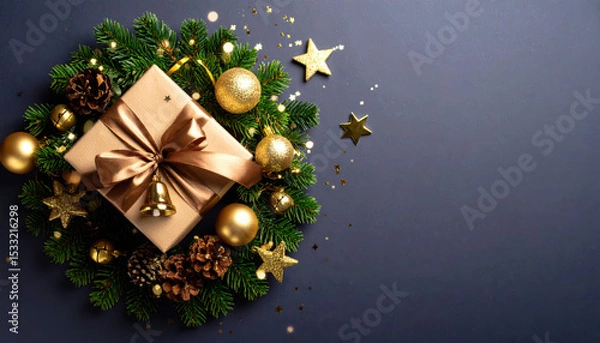 Fototapeta Gift box with shiny ribbon surrounded by festive wreath, golden bells, pinecones, baubles, and star accents on dark background, creating joyful holiday atmosphere
