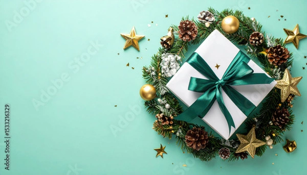 Fototapeta Gift box with shiny ribbon surrounded by festive wreath, pinecones, gold stars, and baubles on pastel background, creating joyful holiday atmosphere