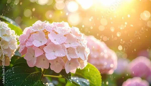Fototapeta Pink hydrangea flowers with water droplets glistening in gentle rain, soft sunlight in background, creating fresh and peaceful garden atmosphere