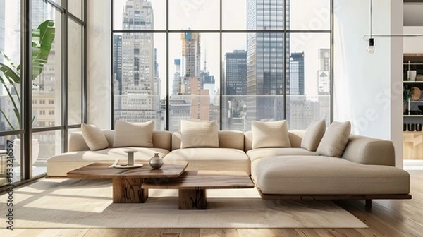 Obraz Elegant Scandinavian Style Living Room Interior with Modern Furniture and City View Through Large Window, Minimalist Home Decor Concept in Neutral Tones, Cozy Lounge Space for Interior Design Project 