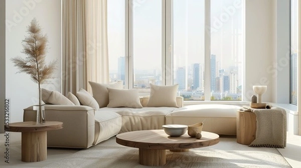 Obraz Elegant Scandinavian Style Living Room Interior with Modern Furniture and City View Through Large Window, Minimalist Home Decor Concept in Neutral Tones, Cozy Lounge Space for Interior Design Project 
