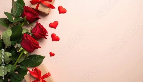 Fototapeta Red roses bouquet with gift boxes and small hearts on pastel background, romantic Valentine’s Day flat lay, copy space for text, love, affection, romantic gift idea, special celebration concept