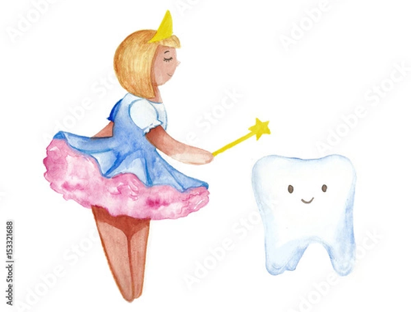 Fototapeta Watercolor tooth fairy withh tooth and magic isolated on white background