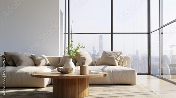 Obraz Elegant Scandinavian Style Living Room Interior with Modern Furniture and City View Through Large Window, Minimalist Home Decor Concept in Neutral Tones, Cozy Lounge Space for Interior Design Project 