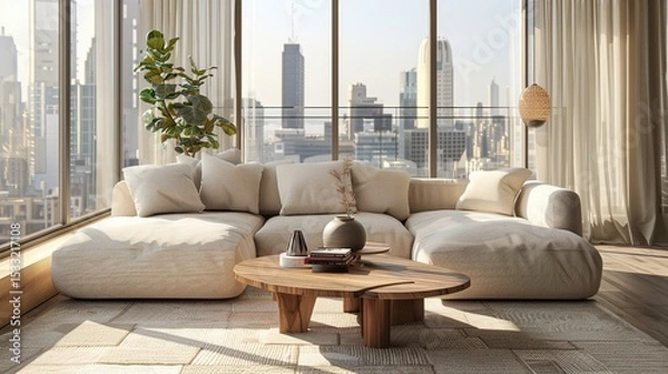 Obraz Elegant Scandinavian Style Living Room Interior with Modern Furniture and City View Through Large Window, Minimalist Home Decor Concept in Neutral Tones, Cozy Lounge Space for Interior Design Project 