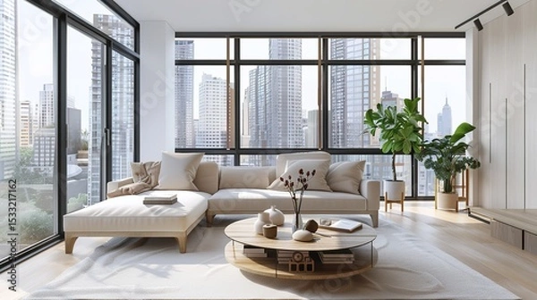 Obraz Elegant Scandinavian Style Living Room Interior with Modern Furniture and City View Through Large Window, Minimalist Home Decor Concept in Neutral Tones, Cozy Lounge Space for Interior Design Project 