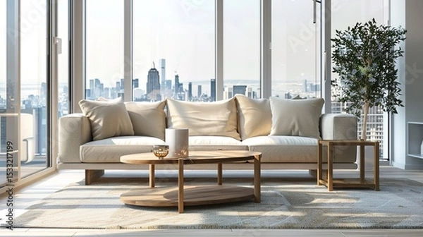 Obraz Elegant Scandinavian Style Living Room Interior with Modern Furniture and City View Through Large Window, Minimalist Home Decor Concept in Neutral Tones, Cozy Lounge Space for Interior Design Project 