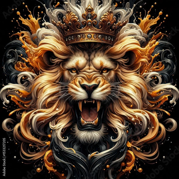 Obraz Roaring Lion of Judah with Crown – Fiery Golden Mane on Black Background, Symbol of Power and Majesty