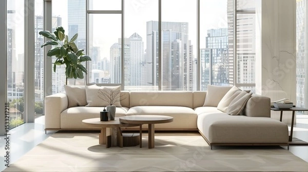 Obraz Elegant Scandinavian Style Living Room Interior with Modern Furniture and City View Through Large Window, Minimalist Home Decor Concept in Neutral Tones, Cozy Lounge Space for Interior Design Project 