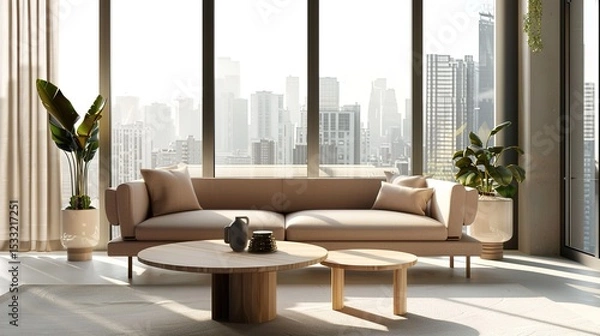 Obraz Elegant Scandinavian Style Living Room Interior with Modern Furniture and City View Through Large Window, Minimalist Home Decor Concept in Neutral Tones, Cozy Lounge Space for Interior Design Project 