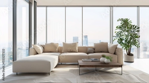 Obraz Elegant Scandinavian Style Living Room Interior with Modern Furniture and City View Through Large Window, Minimalist Home Decor Concept in Neutral Tones, Cozy Lounge Space for Interior Design Project 