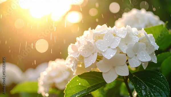 Fototapeta White hydrangea flower with water droplets glistening in gentle rain, soft sunlight background, lush green leaves, fresh and serene outdoor garden scene