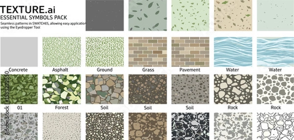 Obraz Vector pattern texture cad set for landscape architecture. Includes concrete, asphalt, grass, pavement, water, gravel, soil, forest, and stone surfaces.