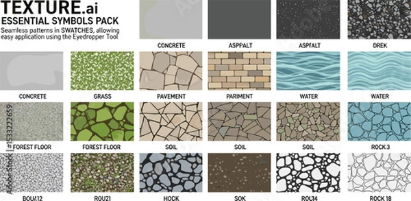 Obraz Vector pattern texture cad set for landscape architecture. Includes concrete, asphalt, grass, pavement, water, gravel, soil, forest, and stone surfaces.