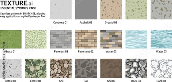 Fototapeta Vector pattern texture cad set for landscape architecture. Includes concrete, asphalt, grass, pavement, water, gravel, soil, forest, and stone surfaces.