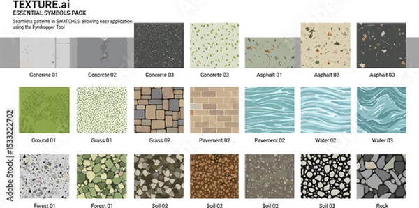 Obraz Vector pattern texture cad set for landscape architecture. Includes concrete, asphalt, grass, pavement, water, gravel, soil, forest, and stone surfaces.