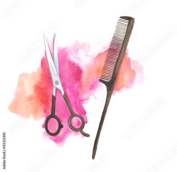 Fototapeta Watercolor scissors and comb illustration