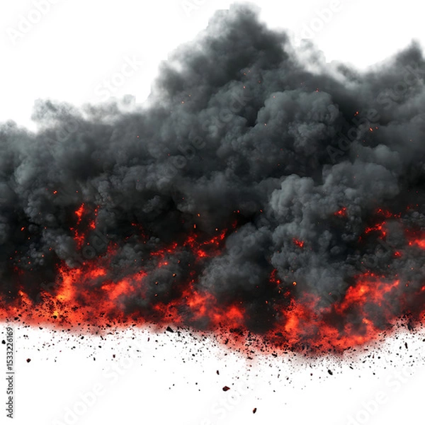 Fototapeta Explosion border with dark smoke and red lava isolated on white and transparent background.