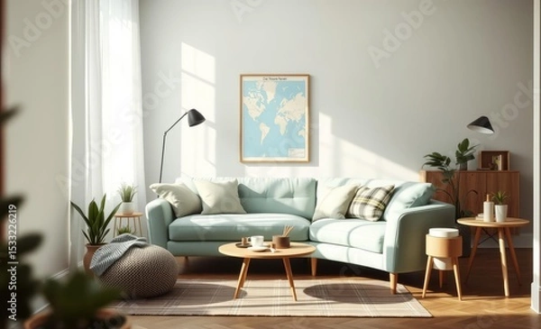 Fototapeta A minimalist haven of Scandinavian design awaits In a living room bathed in natural light a plush mint sofa anchors the space its curves softened by the organic textures of a mock-up poster map po