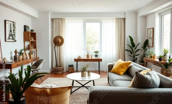 Fototapeta A bohemian haven the living room in an apartment exuded warmth and tranquility A stylish coffee table plush gray sofa and honey yellow pillows created an inviting ambiance A cozy desk elegant c