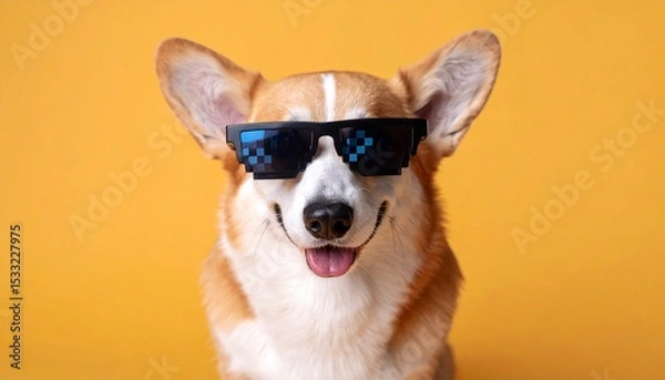 Fototapeta Cool corgi dog wearing pixelated sunglasses, smiling and looking stylish