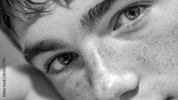 Obraz Closeup Black and White Portrait of a Young Man with Freckles