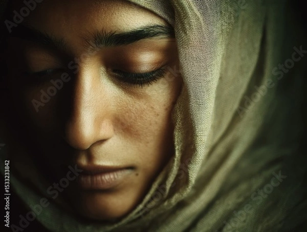 Obraz Close Up Portrait of a Pensive Woman in a Beige Hijab