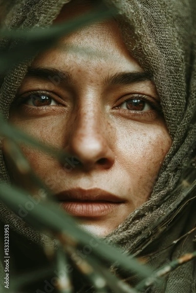 Obraz Close Up Portrait of a Woman with Freckles Wearing a Beige Headscarf