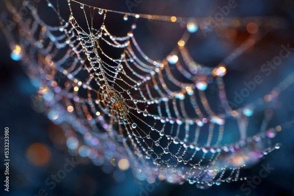 Obraz Close-Up of Dew-Covered Spiderweb with Iridescent Colors