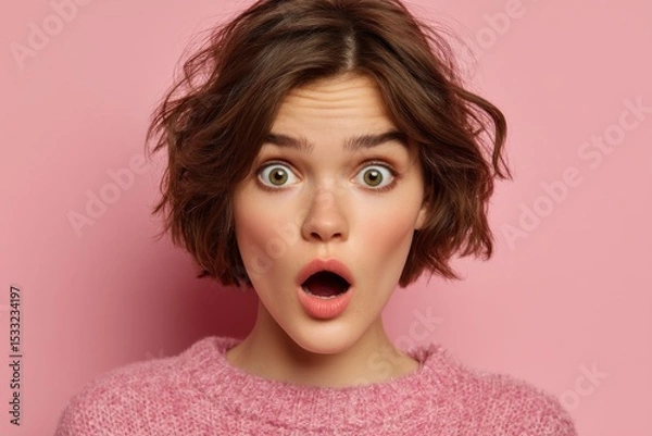 Obraz Surprised Young Woman with Open Mouth and Wide Eyes