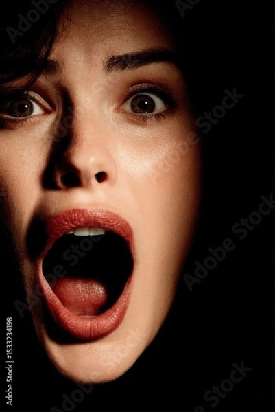 Obraz Closeup Portrait of a Terrified Woman Screaming in the Dark