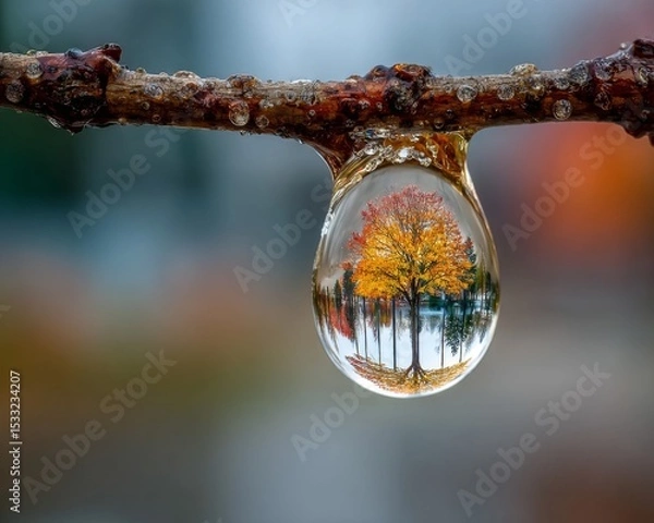 Obraz Autumn Tree Reflected in a Frozen Water Droplet