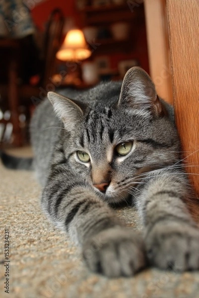 Obraz Grey Tabby Cat Relaxing on Carpet